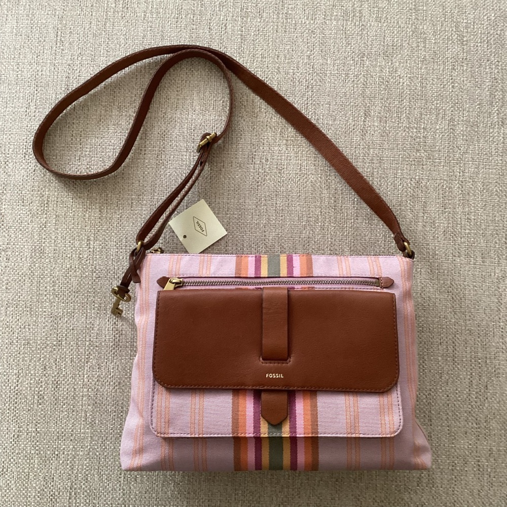 Fossil Pink Striped Canvas Crossbody with Brown Leather Trim